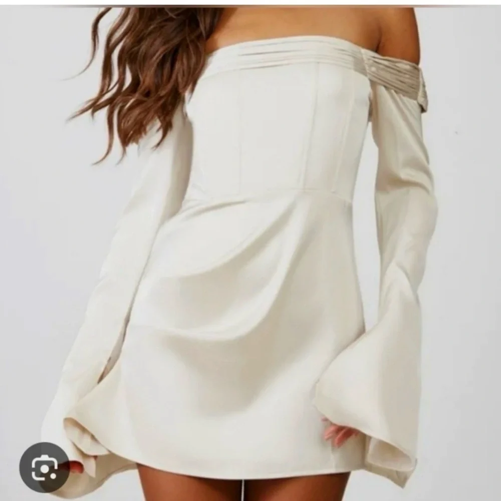 PrettyLittleThing Off-Shoulder Cream Mini Dress - Picture 2 of 10